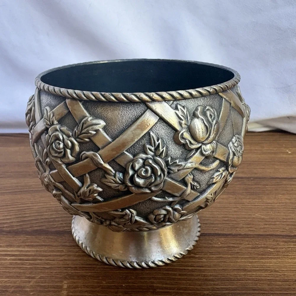 Vintage Ornate Rose Lattice Planter Cachepot Decorative Metal Bowl Vase Heavy